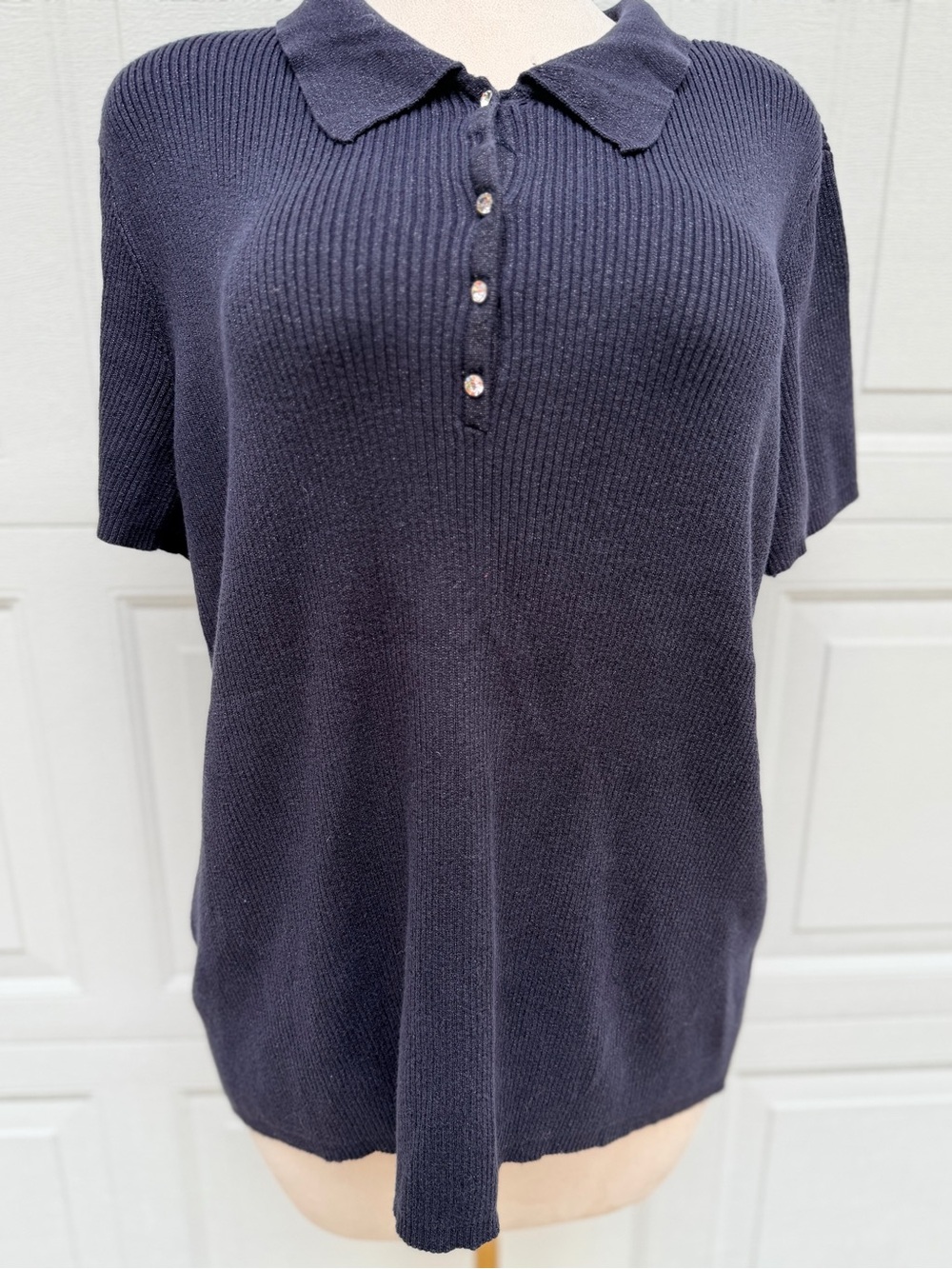 Quacker Factory 2X Navy Sparkle Ribbed Knit Polo Rhinestone Button Top Old Money